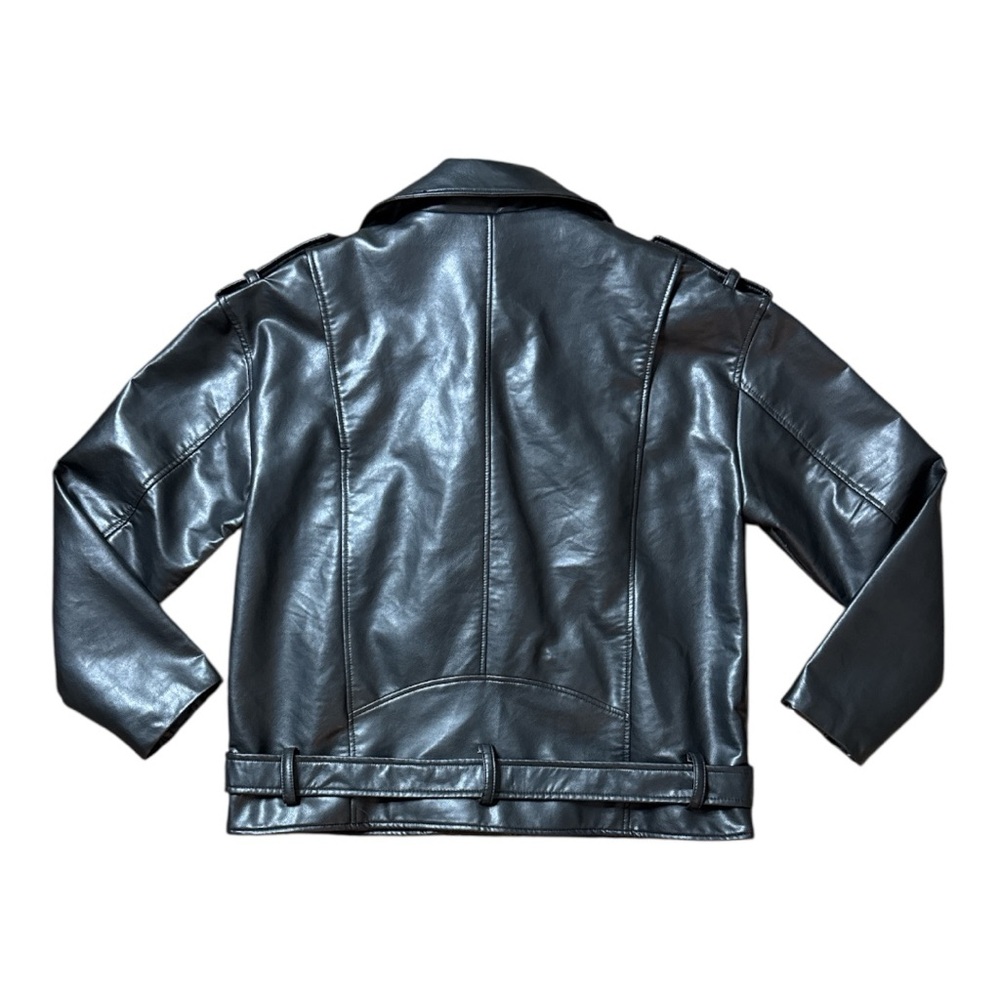 ZARA BLACK FAUX LEATHER MOTO BIKER JACKET BELTED ZIP COAT SIZE LARGE **NWOT** - Picture 8 of 13